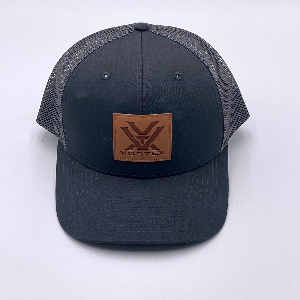 Vortex Optics Mens Trucker Hat Charcoal Grey Mesh Snapback Leather Patch Logo